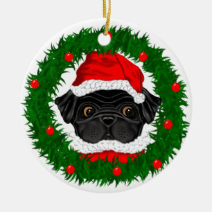 Ornamento De Cerâmica Papai noel preto do Pug