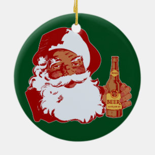 Ornamento De Cerâmica Papai Noel preto retro com o Natal da cerveja