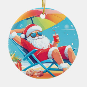 Ornamento De Cerâmica Papai Noel Relaxando em uma Praia Tropical Sunbed