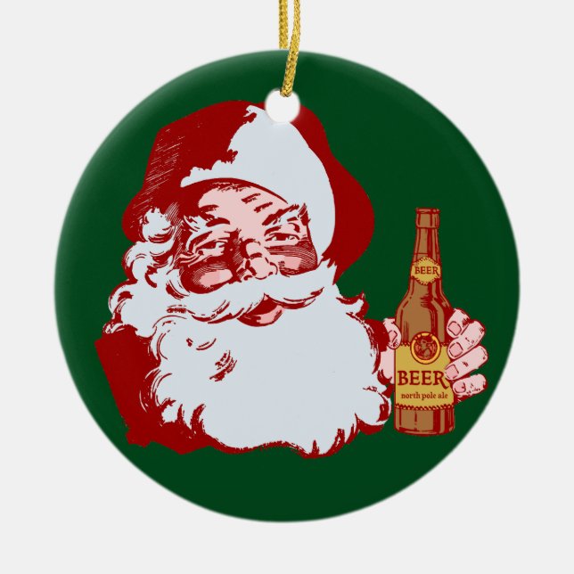 Ornamento De Cerâmica Papai Noel retro com um Natal da cerveja engraçado (Frente)