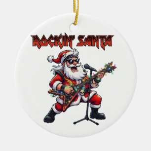 Ornamento De Cerâmica Papai Noel Rockeiro de Guitarra de Natal