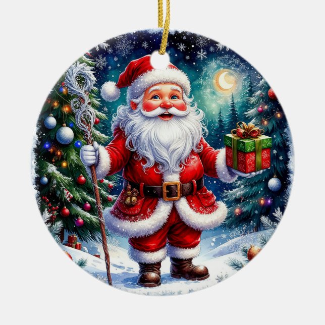 Ornamento De Cerâmica Papai Noel segurando um presente num Natal Mágico (Frente)