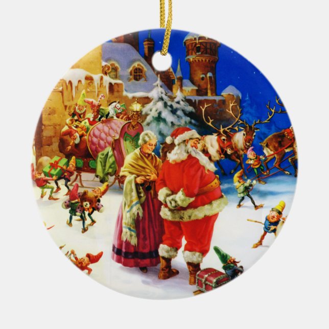 Ornamento De Cerâmica Papai noel & Sra. Claus na Noite de Natal do Pólo (Frente)