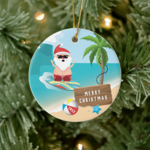 Ornamento De Cerâmica Papai Noel surfista Feliz Natal