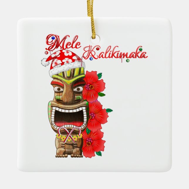 Ornamento De Cerâmica Papai noel Tiki de Mele Kalikimaka (Frente)