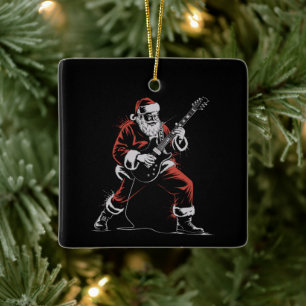 Ornamento De Cerâmica Papai Noel Tocando Guitarra Retro Rock Natal 90s
