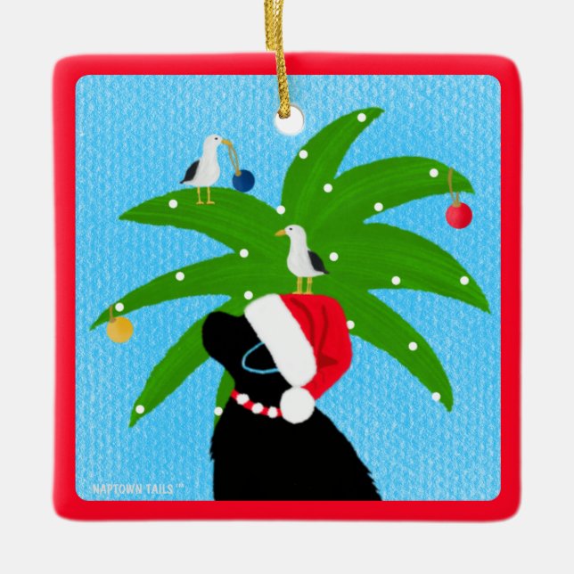 Ornamento De Cerâmica Papais noeis Black Lab Trimmming the Christmas Pal (Frente)
