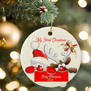 Ornamento De Cerâmica Papais noeis bonitos e Reindeer Baby Primeiro Nata