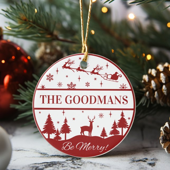 Ornamento De Cerâmica Papais noeis Clássicos e Natal Personalizado de Le (Classic Santa and Sleigh Personalized Christmas Ceramic Ornament -Just add your name or special text)