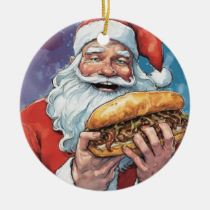 Ornamento De Cerâmica Papais noeis comendo Philly Cheesesteak
