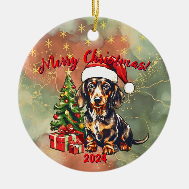 Ornamento De Cerâmica Papais noeis Dachshund Abre Presentes: (Frente)