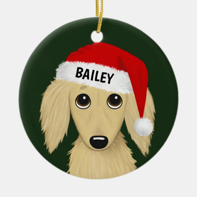 Ornamento De Cerâmica Papais noeis de Cream Dachshund de Cabelo Longcabe (Frente)