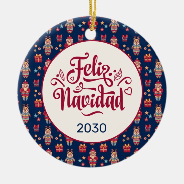 Ornamento De Cerâmica Papais noeis de Feliz Navidad Folk Reindeer Blue P (Frente)