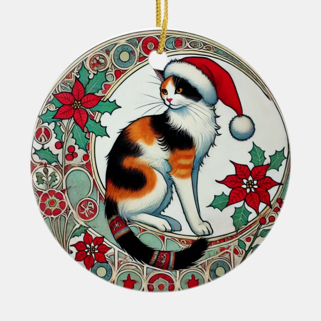Ornamento De Cerâmica Papais noeis de gato Calico de Natal (Frente)