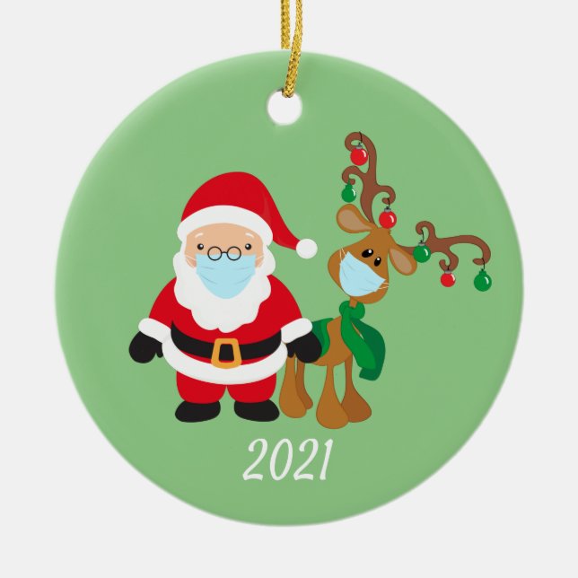 Ornamento De Cerâmica Papais noeis de máscara de Natal e Reindeer 2021 (Frente)