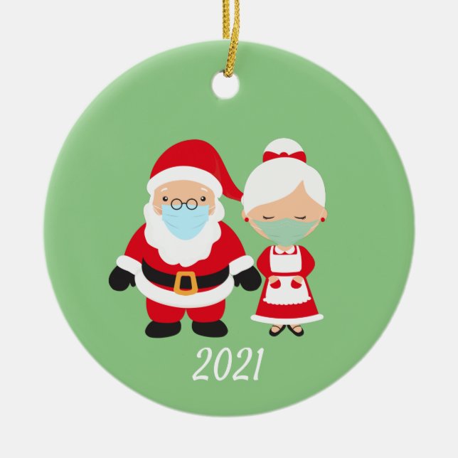 Ornamento De Cerâmica Papais noeis de máscara de Natal e Sra. Claus (Frente)