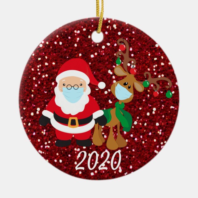 Ornamento De Cerâmica Papais noeis de máscara de rosto e Reindeer 2020 (Frente)