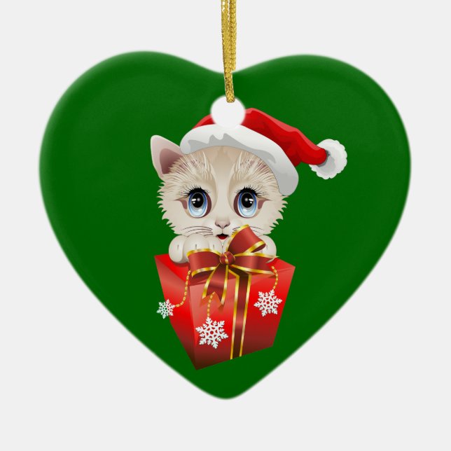 Ornamento De Cerâmica Papais noeis de Natal de Kitten com presentes (Frente)