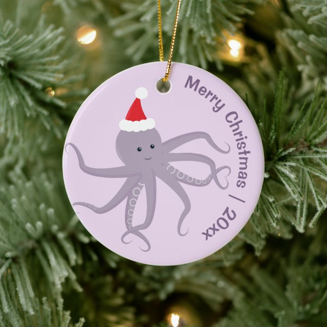 Ornamento De Cerâmica Papais noeis de Octopus Purple Feliz Natal (Árvore)