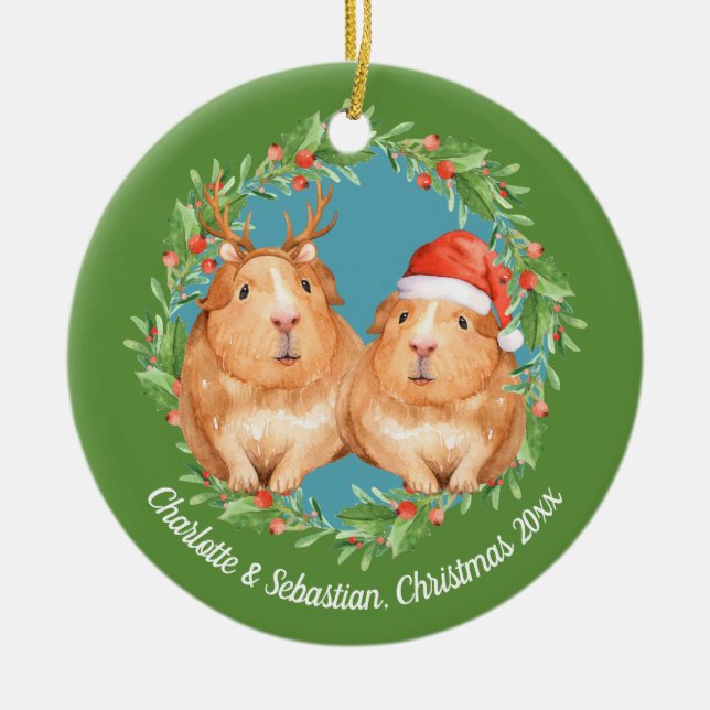 Ornamento De Cerâmica Papais noeis de porcos e Reindeer Wreath na Guiné  (Frente)