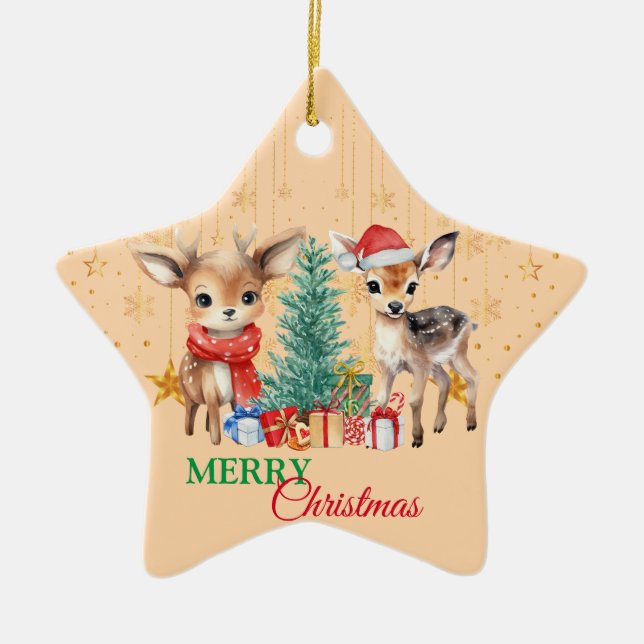 Ornamento De Cerâmica Papais noeis de renas Verdes Vermelhas Feliz Festa (Frente)