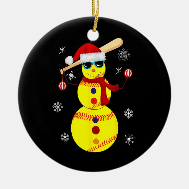 Ornamento De Cerâmica Papais noeis de Snowman de Softball de Natal (Frente)