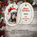 Ornamento De Cerâmica Papais noeis Dourados Splatter Paws Doberman Pinsc<br><div class="desc">Um belo retrato de aquarela de um cão do Doberman Pinscher vestindo um Papai Noel vermelho e branco que é a característica na frente deste ornamento de Férias. A imagem é colocada sobre um fundo branco com uma placa de configuração ouro. Na parte inferior está o texto vermelho que diz...</div>