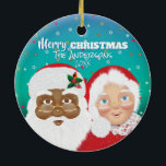 Ornamento De Cerâmica Papais noeis e a Sra. Claus Biracial Natal<br><div class="desc">Papais noeis e Sra. Claus são Felizes e Brilhantes.</div>