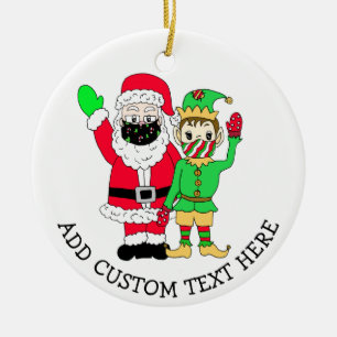 Ornamento De Cerâmica Papais noeis e Elves no Facemask Texto Personaliza