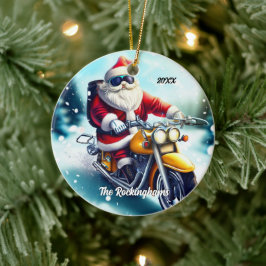 Ornamento De Cerâmica Papais noeis em motocicleta na neve