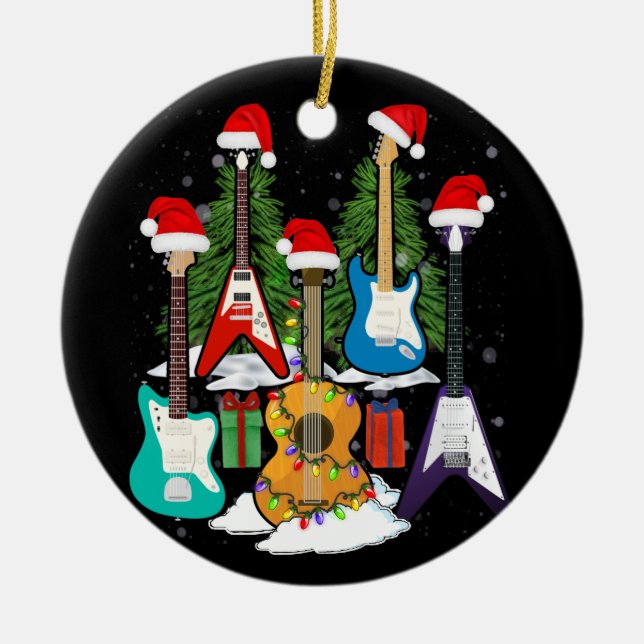 Ornamento De Cerâmica Papais noeis Guitaristas de Árvore de Natal Hat Gi (Frente)