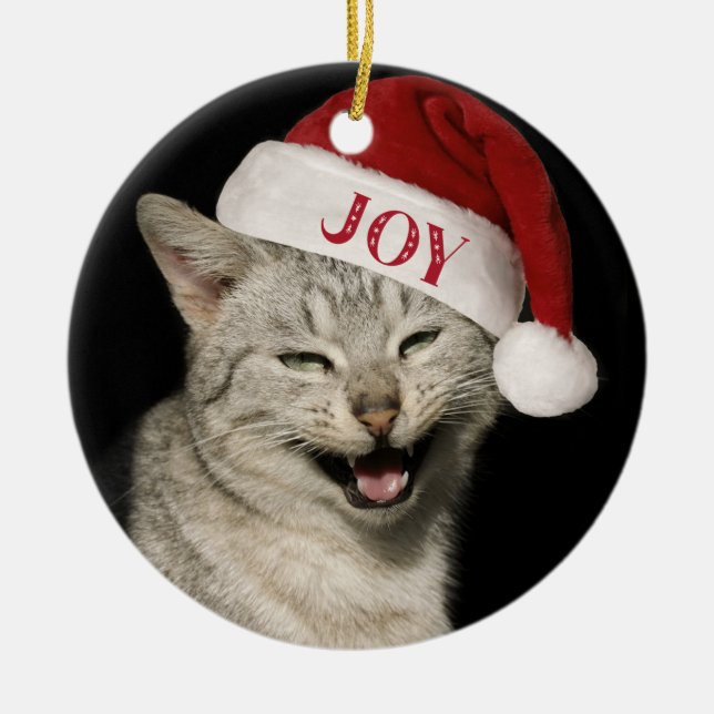 Ornamento De Cerâmica Papais noeis Muito Engraçados Gato Ria Foto Natal (Frente)