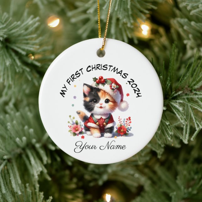 Ornamento De Cerâmica Papais noeis personalizados Calico Kitten Primeiro (Árvore)
