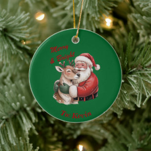 Ornamento De Cerâmica Papais noeis personalizados e Reindeer Hug Natal