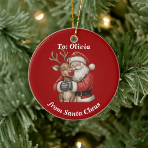 Ornamento De Cerâmica Papais noeis personalizados e Reindeer Hug Natal