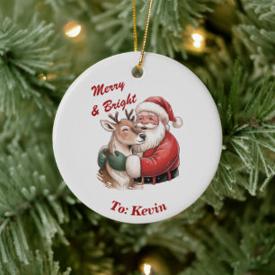 Ornamento De Cerâmica Papais noeis personalizados e Reindeer Hug Natal