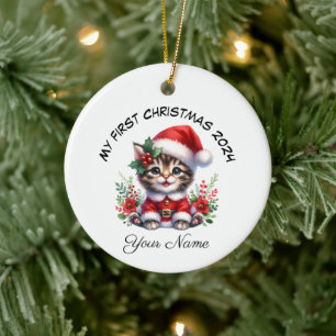 Ornamento De Cerâmica Papais noeis Personalizados Guias Kitten Primeiro