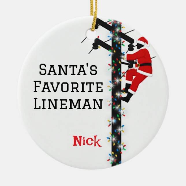 Ornamento De Cerâmica Papais noeis Personalizados Lineman Favorito (Frente)