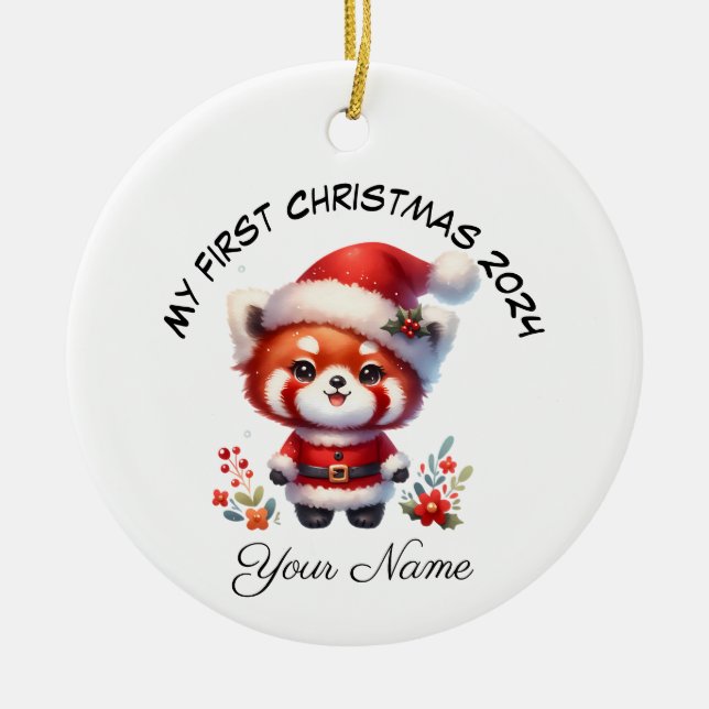 Ornamento De Cerâmica Papais noeis personalizados Red Panda Bear Primeir (Frente)