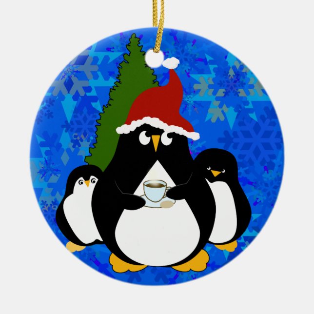 Ornamento De Cerâmica Papais noeis Pinguim e Pinguins Pequenos (Frente)