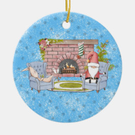 Ornamento De Cerâmica Papais noeis reaxando pela Lareira com coelho da P