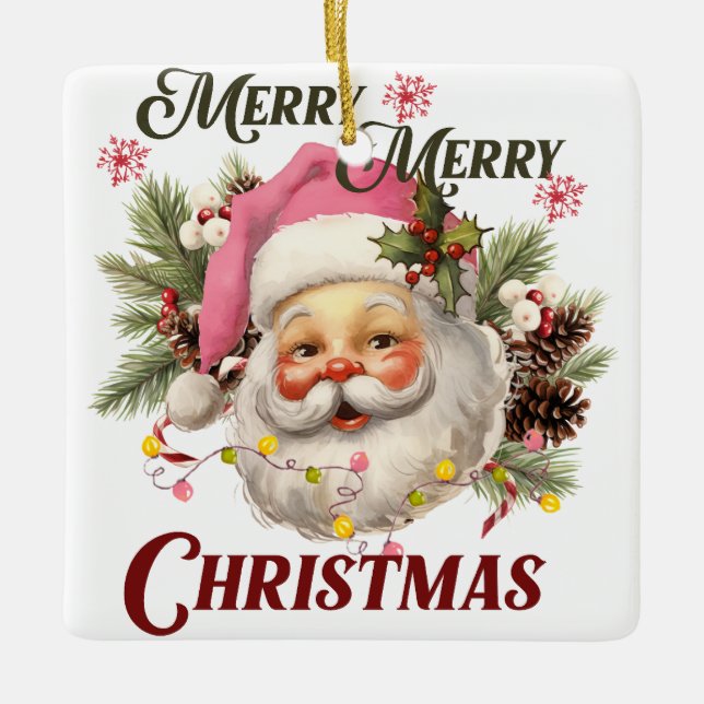 Ornamento De Cerâmica Papais noeis Rosa Vintage (Frente)