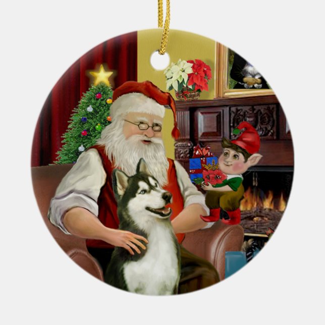 Ornamento De Cerâmica Papais noeis Siberian Husky nº 3 (Frente)