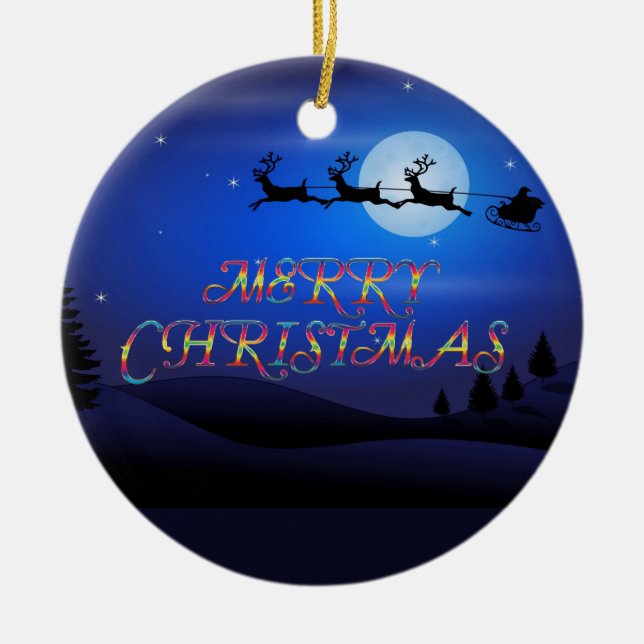 Ornamento De Cerâmica Papais noeis sobre uma lua azul (Frente)