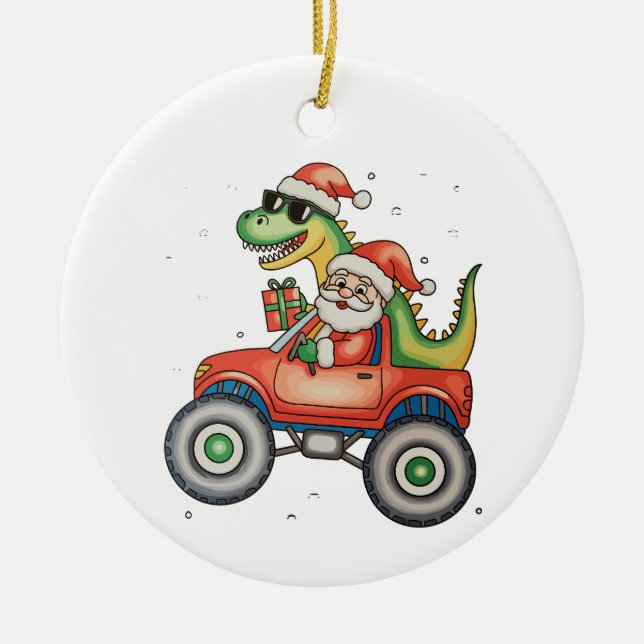 Ornamento De Cerâmica Papais noeis T Rex Dinossaur Monster Truck Natal (Frente)