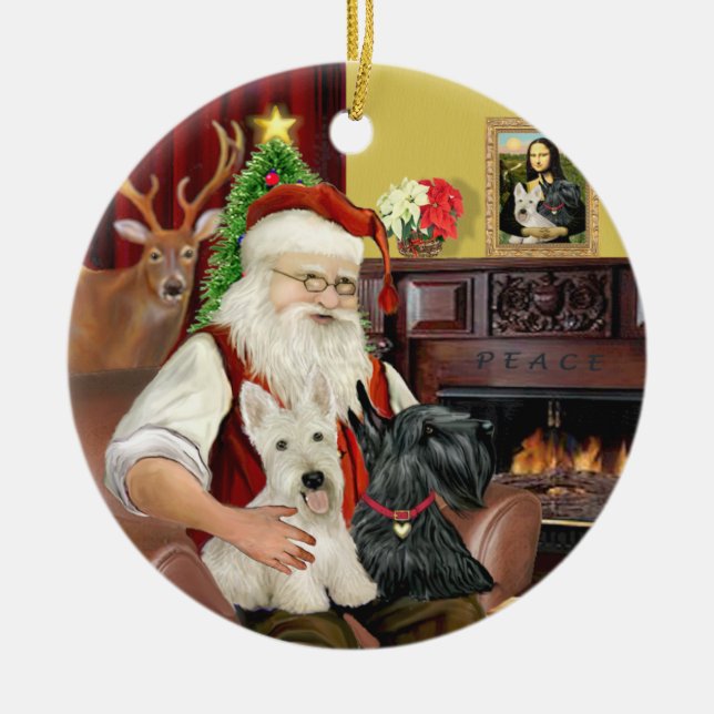 Ornamento De Cerâmica Papais noeis TWO Scottish Terriers (Frente)