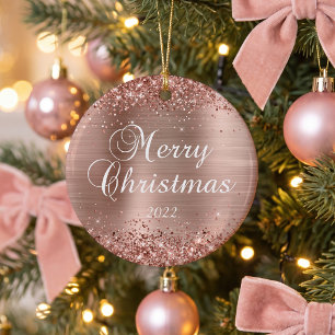 Ornamento De Cerâmica Papel Alumínio Dourado Rosa Espelhado Feliz Natal
