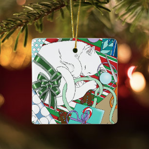Ornamento De Cerâmica Papel de embrulho de Natal de gato branco dormindo