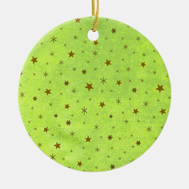 Ornamento De Cerâmica Papel verde abstrato com estrelas cintilantes dour (Frente)