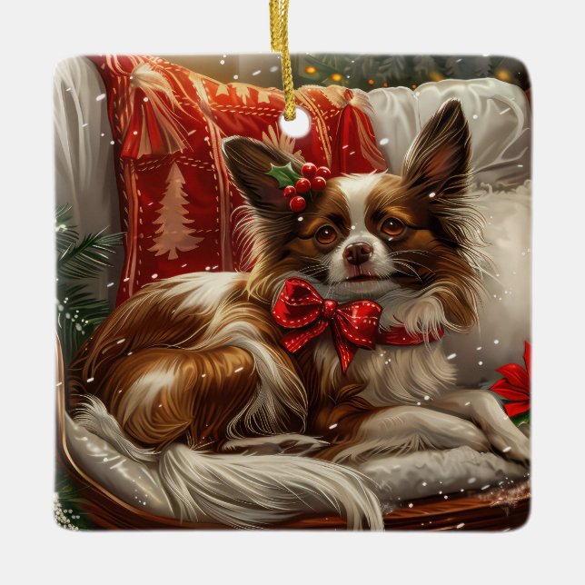 Ornamento De Cerâmica Papillon Cão Natal Festivo (Frente)